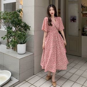 Basis Casual Jurken Koreaans Unif Vintage Bloem Dames Chiffon Feestjurk Kleding Hoog Lang Flare Mouw Enkellengte Roze Print Strand 230619