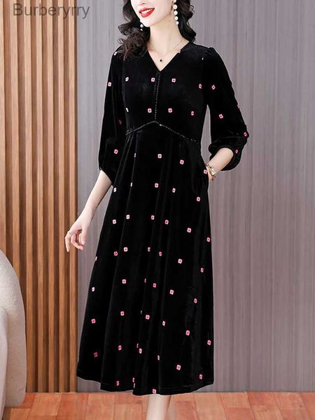 Vestidos casuales básicos Vestido largo coreano vintage de terciopelo negro con bordado de lunares para mujer Otoño Invierno Elegante vestido de lujo 2023 Fashon ning DressesL231130