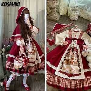 Robes décontractées de base KOSAHIKI Noël Lolita Robe Kawaii Femmes Année Douce Dentelle À Volants Patchwork Puff Manches Longues Rouge Princesse Plaid 231212