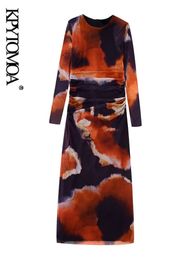 Vestidos casuales básicos de la moda de las mujeres Kpytomoa con el vestido de tul midi estampado con la cremallera de manga larga vintage Vestidos femenino Mujer 230817