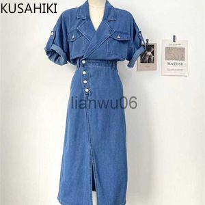 Basic Casual Jurken KUSAHIKI Vestidos Femme Vintage Notched Collar Demin Jurk 2023 Nieuwe Vrouwen Sumemr Mode Slanke Taille Split Jeans Lange jurken J2308009