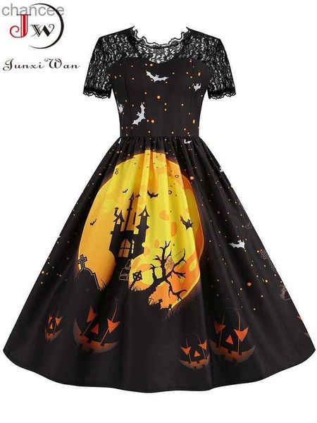 Robes décontractées de base Dentelle Halloween Robe de Noël Femmes Manches courtes 50S 60S Vintage Costumes de fête Robes de soirée élégantes LST230904