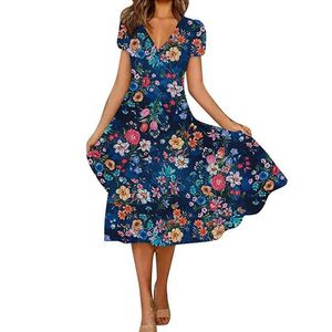 Basis Casual jurken groot formaat dames midi taille losse v nek jurken elegante botanische bloemenprint korte sleve kledige dames dagelijkse forens jurk y240429