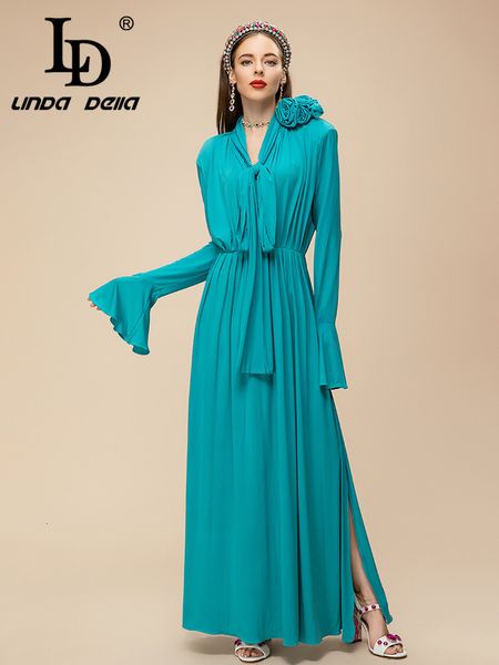 Robes décontractées de base LD LINDA DELLA Style Robe de créateur de mode Femmes Bleu Flare Manches Taille haute Applique Splice Crumple Party 230905