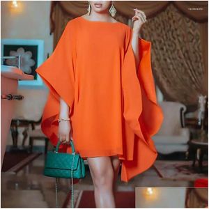 Basic Casual Dresses Lemongor 2023 Elegante Batwing Sleeve feestavond oranje jurk zomer mode solide kleur ronde nek mini voor dh3pw