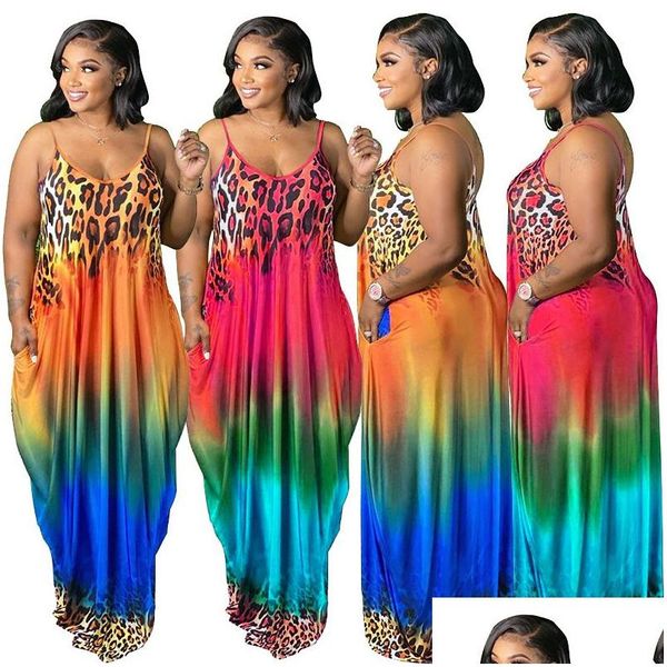 Vestidos informales básicos Leopardo Estampado de arco iris Cami Maxi Vestido Mujer Ropa de verano Mujer Largo Color degradado Impreso Vestdos con Poc Dhu59