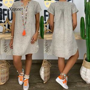 Basic Casual Jurken Linnen Strand Recht Shirt Mini-jurk Korte Sle Vrouwen 2021 Zomer Casual V-hals Effen Losse Mode vestidosC24315