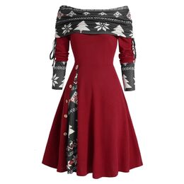 Basic Casual Jurken Colorblock-jurk met lange mouwen Kerstjurk Boom Sneeuwvlokprint Cinched Godet A-lijn Mini-gewaad voor dames 231110