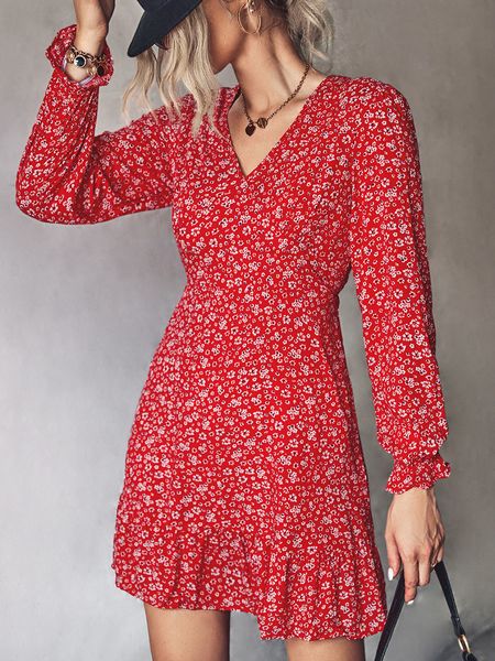 Robes décontractées basiques à manches longues robe à volants femmes imprimé floral Mini robe d'été printemps col en V Boho dames plage Aline Vestidos 230625