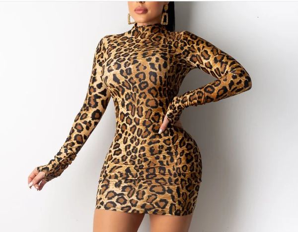 Vestidos casuales básicos Manga larga Cuello alto Estampado de leopardo Sexy Mini vestido ajustado Otoño Invierno Mujer Ropa de moda SXXL 231212