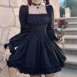 Robes Décontractées Basiques Manches Longues Lolita Robe Noire Goth Esthétique Manches Bouffantes Taille Haute Vintage Bandage Dentelle Garniture Fête Gothique Vêtements Robe Femme 230614