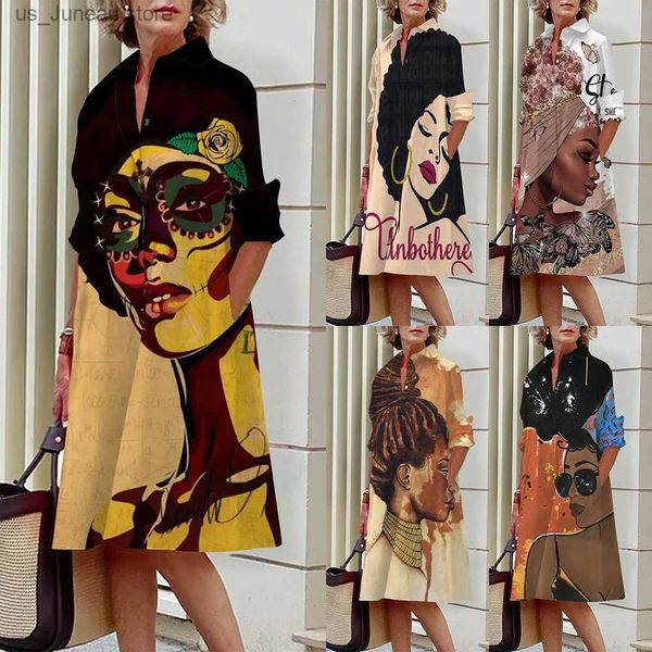 Robes décontractées de base Robe longue pour femmes 2023 Mode Lady Portrait Imprimer Col en V Boutonné Robe de soirée Robes de soirée sexy Robe de longueur Kn T240330