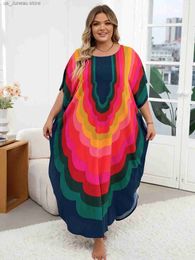Basis Casual jurken Lorylei Plus Maat kleurrijke vrouwen kaftan lange jurk voor vrouwen 2024 zomer causale ronde nek batwing slve moo jurken Q1632 1 T240415
