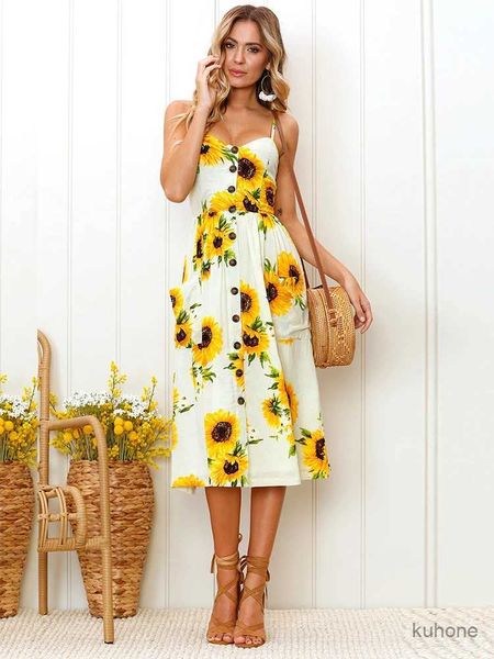 Vestidos casuales básicos para mujeres Summer Summer Sunflower Vestido sexy sin tirantes Midi Button Backless Floral Sydress Beach Femenina 2024 Mujeres Ropa