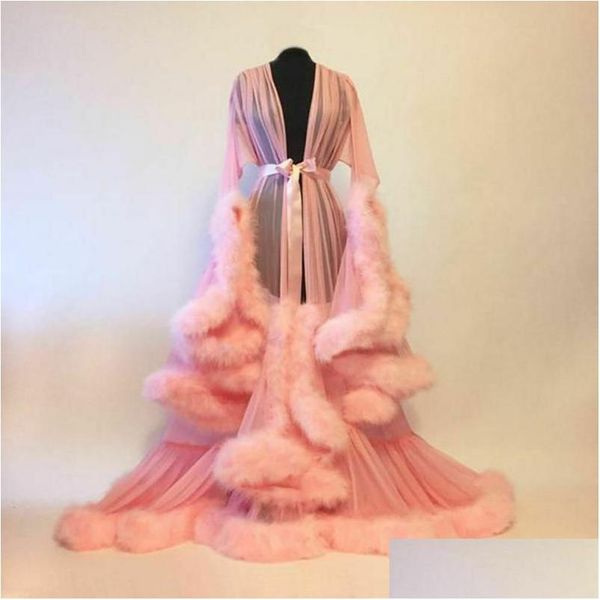 Robes décontractées de base Luxury Y Lace Night Robe Femmes Kimono Maxi Robe Robe Mesh Long Manche Fur Babydoll Party Sleepwear Sleepwear Dh1ey