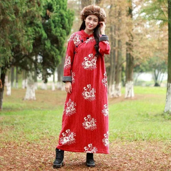 Vestidos casuales básicos LZJN Vestidos cálidos para mujer 2019 Qipao de invierno con estampado floral Cheongsam chino de manga larga Vestido largo de lana de gran tamaño con bolsillos L23116