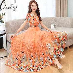 Robes décontractées basiques Maxi Dress Femmes Casual Vintage Robe d'été à manches courtes Robe en mousseline de soie de haute qualité Boho Style Ladies O-Neck Floral Dress 230717