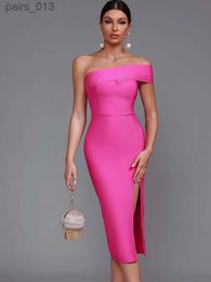 Vestidos informales básicos Vestido de vendaje midi Mujer Fiesta rosa Bodycon Elegante Corte sexy Lado Dividido Cumpleaños Club de noche Trajes Verano 2023 YQ240328