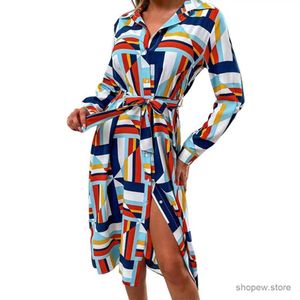 Basic Casual Jurken Midi Dress Fashion Soft Shirt Dress Spring herfst onregelmatige geometrie print riem midi -jurk dagelijkse kleding