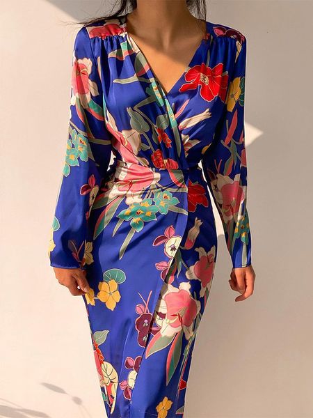 Robes décontractées basiques Midi pour femmes élégantes Vintage imprimé floral robe croisée col en V à manches longues taille cravate Wrap femmes vêtements 230719