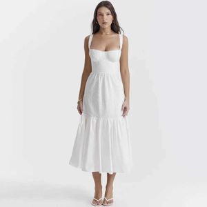 Robes décontractées de base Mingmingxi haute qualité vêtements pour femmes 2023 lin coton mélangé robe jacquard élégant et sexy lisse blanc robe de vacances Midi J240130