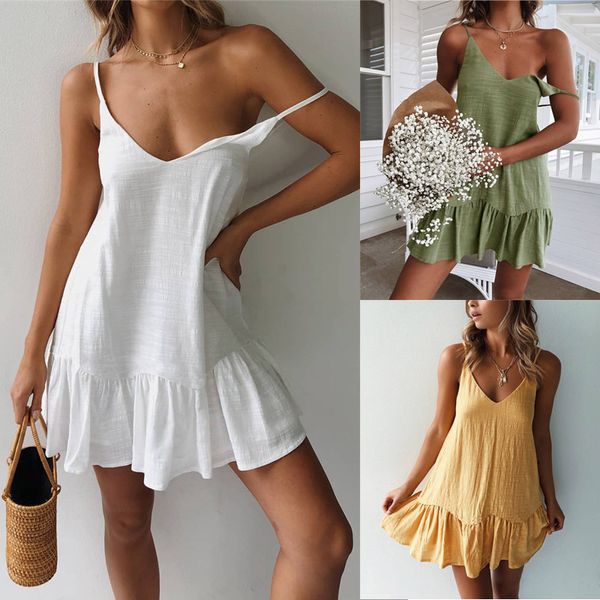 Robes décontractées de base Mini robe d'été sangle sur l'épaule blanche à volants, plus la taille en vrac robe d'été sexy sans manches fête plage femmes