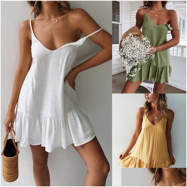 Robes décontractées de base Mini robe d'été Strap Off Shoder Blanc Volant Plus Taille Lâche Lin Sundress Y Sans manches Party Beach Femmes Dr Dhjnv