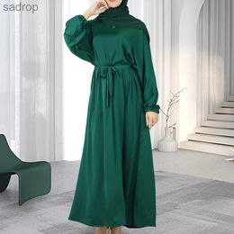 Basis Casual jurken bescheiden vrouwen riem jurk solide satijnen gebed gewaad Kaftan lange mouwen Arabische oman Marokko Eid al fitr jurk eid al adha moslimjurk xw