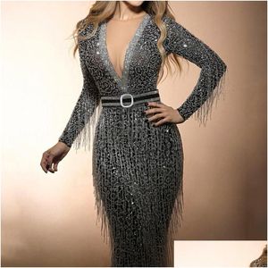 Robes Décontractées De Base Fête Des Mères Femmes Sexy Col En V Profond Dames Couleur Unie À Manches Longues Sling Sequin Cristal Tassel Fl Dress Drop Dhci7