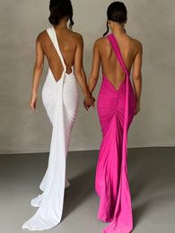 Basis Casual jurken Mozision Schuine schouder Backless maxi jurk voor vrouwen jurk zomer rugriem mouwloze ruches feest sexy long vestidos 230522