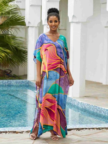 Robes décontractées de base Multicolore imprimées à la mode V-colme en V Batwing Slve Kaftan Robe 2024 Femme Salon d'été autour des robes maxi surdimensionnées Q1546 1 T240415