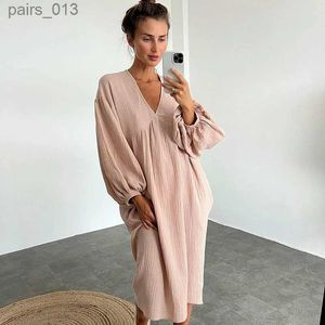 Robes décontractées de base Mousseline 100% gaze de coton élégante pour les femmes manches bouffantes douces sexy col en V soirée nouvel an 2023 robe blanche YQ231025