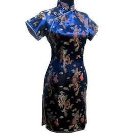 Robes décontractées de base Bleu marine Traditionnel chinois Femmes Robe Satin Court Qipao Vintage Bouton Dragon Cheongsam Plus Taille 3XL 4XL 5XL 6XL 231207
