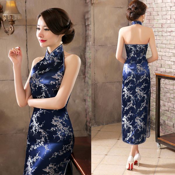 Robes décontractées de base Bleu marine Vintage Lady Robe de soirée en satin Nouveauté chinoise Dos nu Cheongsam Qipao Fleur Taille S M L XL XXL XXXL 230911