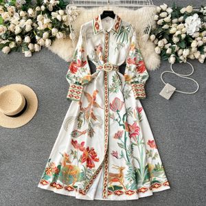 Robes décontractées de base Nouveau 2024 Printemps Mode Robe de piste pour les femmes Col de chemise Manches longues lanterne Imprimé floral Ceinture élégante Vacances Boho Robe Robes