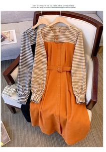 Basic Casual Jurken Nieuwe Herfst High End Franse Kleine Geurstijl Wollen Patchwork Jurk Dames Lange Mouw Houndstooth Nep 2024