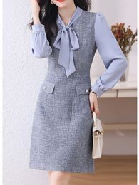 Vestidos informales básicos Nuevo otoño Vintage gasa Tweed hasta la rodilla vestido de retazos cinta para mujer arco manga larga elegante Vestidos de lana Vestidos 2024