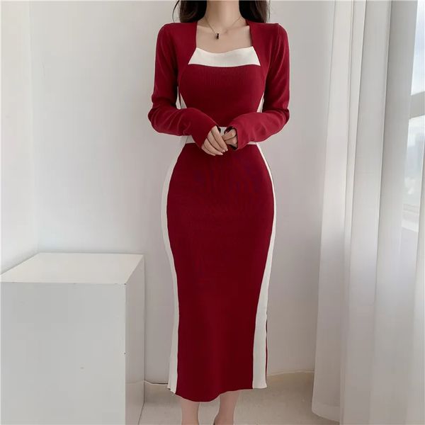 Vestidos informales básicos Nuevo otoño invierno francés manga larga negro blanco color suéter a juego vestido mujeres cintura delgada vestido largo de punto de celebridad 2024