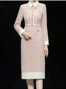 Robes décontractées de base Nouveau Automne Hiver Corée Fashion Jacquard Robe en tweed élégante Femmes Taies mince Robes de laine de laine Vestidos 2024