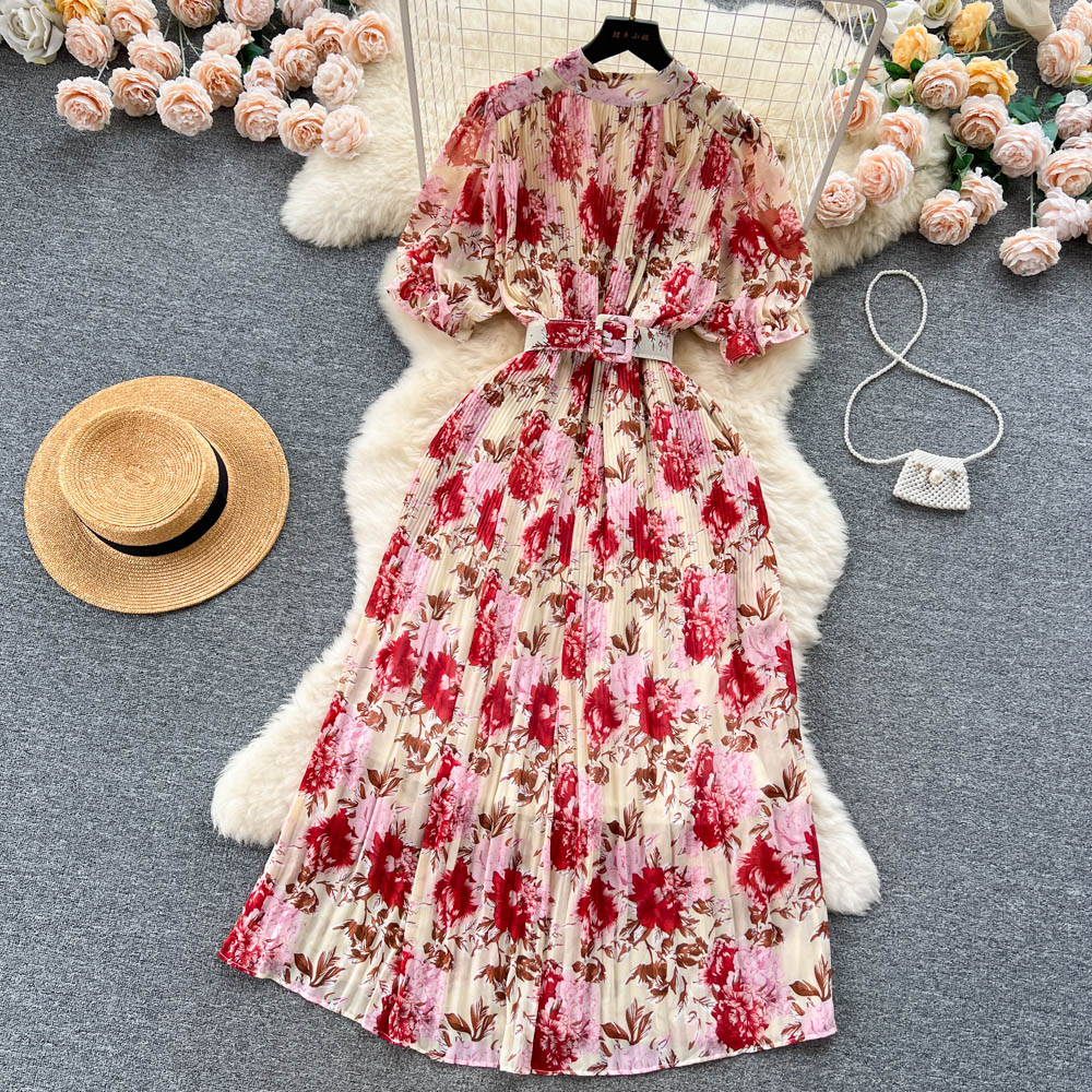 Basic Casual Dresses New Fashion Summer Sweet Print Round Neck Short-sleeved Pleated Dress Women Beach Short Sleeve Party Vestidos De Mujer 2024