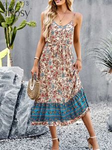 Basic Casual Jurken Nieuw in Viscose Boheemse Jurk Dames 2023 Zomer Overgooiers met Zijsplit Vakantie Strand Lange Slip Boho Kleding YQ231025