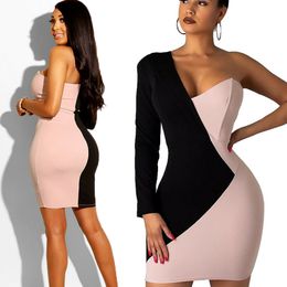 Basis Casual jurken nieuwste hete dames verband bodycon lange mouw patchwork een schouderavondfeestje club korte elegante mini -jurk