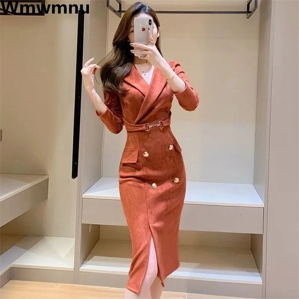 Robes décontractées basiques Office Lady Sexy Slim Blazer Dress Femmes Printemps Coréen Col Entaillé Split Robes De Soirée Élégant Midi Robe De Fiest 230531