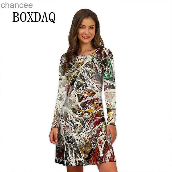 Robes décontractées de base Robes de peinture à l'huile femmes 2023 Vintage Art abstrait imprimé à manches longues robe ample automne hiver décontracté rue robe surdimensionnée LST230904