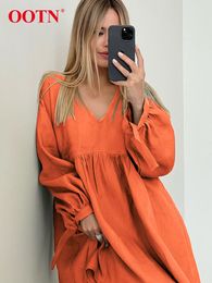 Robes décontractées de base ootn sexy vert v cou mini robe femme élégante manches longues en vrac automne