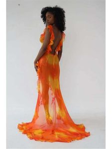 Basis Casual jurken Oranje stropdas geverfde avondjurk lage gesneden strapless high cut long jurk zomer mode feest avondjurk Q240430