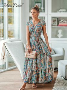 Basic Casual Dresses Paisley Print V-hals Maxi-jurk voor vrouwen Sexy Cap Sleeve Holiday Beach A-Line Dress 2023 Zomer Vrouwelijke Sundress 240419