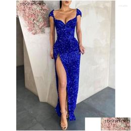 Robes décontractées de base Robe de soirée Femmes Slim Paillettes Sexy Enveloppement du sein Femme Solide Bleu Empire Split Fork Dîner Longue Livraison Drop Dh1Dx