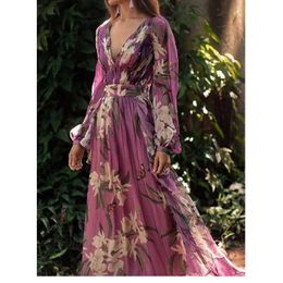 Basis Casual jurken feestjurk vrouwen zomer lange slve v-neck print large swing type empire casual mode paarse damesjurken t240510
