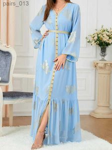 Robes décontractées de base Parti musulman Abayas pour les femmes imprimé à manches longues col en V bouton bande garniture ceinturée caftan ourlet fendu vêtements YQ231025